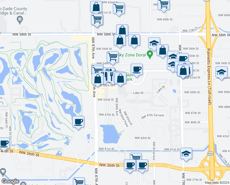 map of restaurants, bars, coffee shops, grocery stores, and more near 8450 Northwest 53rd Street in Doral