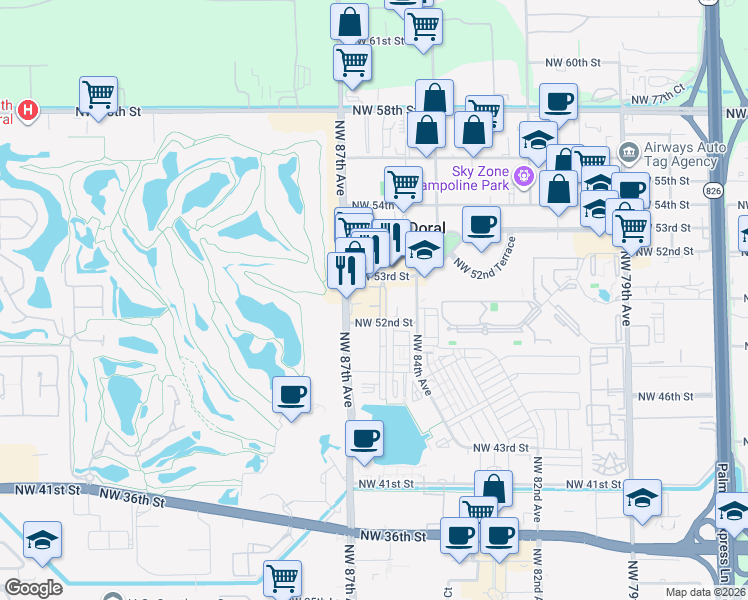 map of restaurants, bars, coffee shops, grocery stores, and more near 5241 Northwest 87th Avenue in Doral