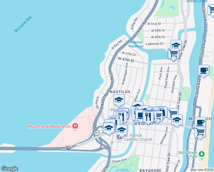 map of restaurants, bars, coffee shops, grocery stores, and more near 4456 Alton Road in Miami Beach