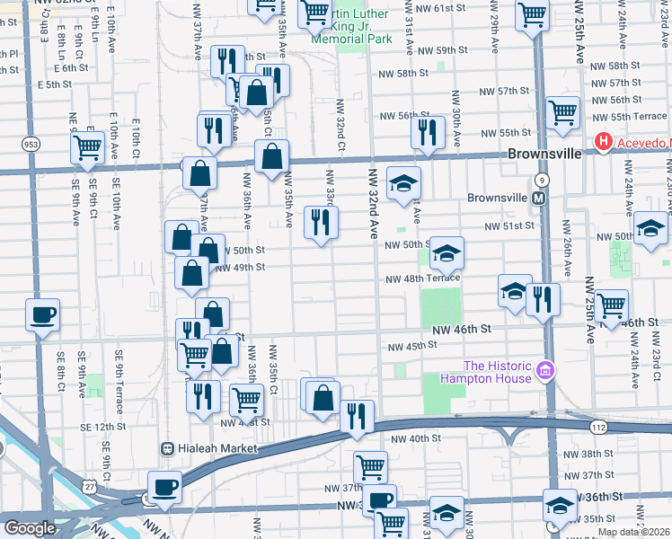map of restaurants, bars, coffee shops, grocery stores, and more near 3263 Northwest 49th Street in Miami