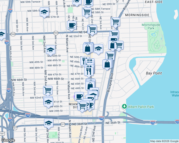 map of restaurants, bars, coffee shops, grocery stores, and more near 201 Northeast 48th Street in Miami