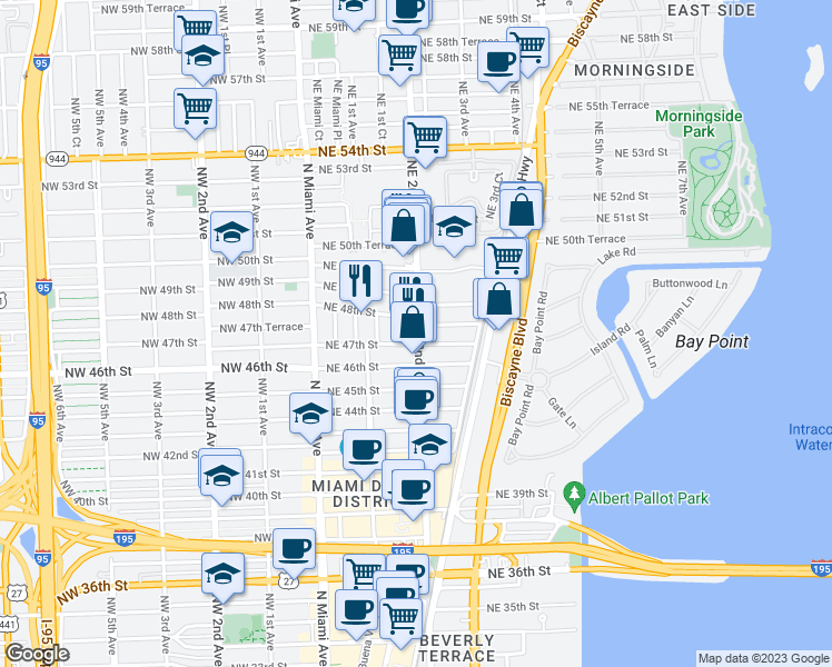 map of restaurants, bars, coffee shops, grocery stores, and more near 201 Northeast 48th Street in Miami