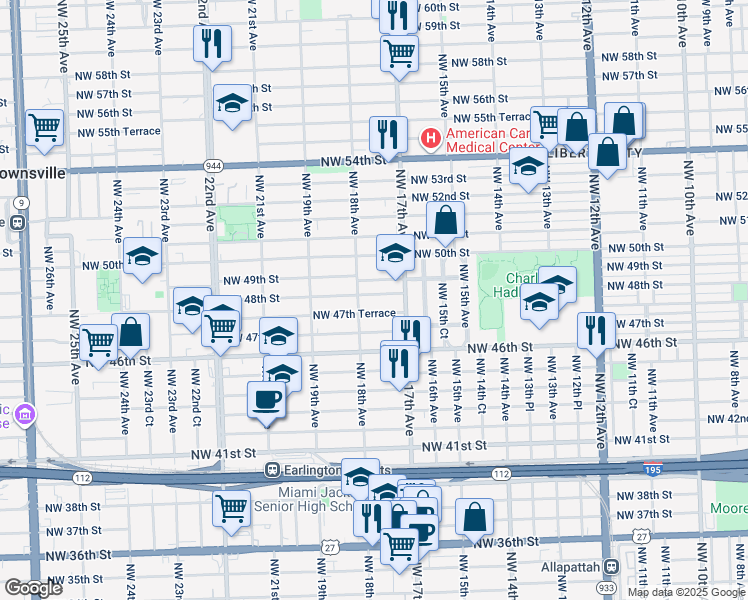 map of restaurants, bars, coffee shops, grocery stores, and more near 1780 Northwest 49th Street in Miami