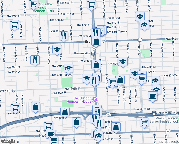 map of restaurants, bars, coffee shops, grocery stores, and more near 4900 Northwest 27th Avenue in Miami