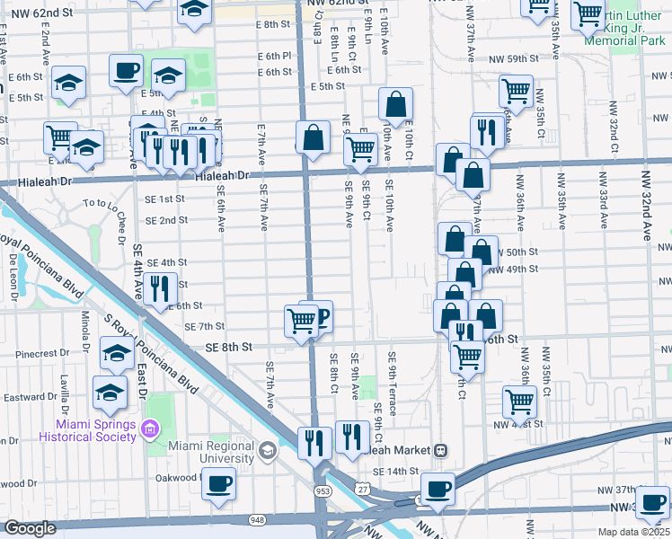 map of restaurants, bars, coffee shops, grocery stores, and more near 880 Southeast 4th Street in Hialeah