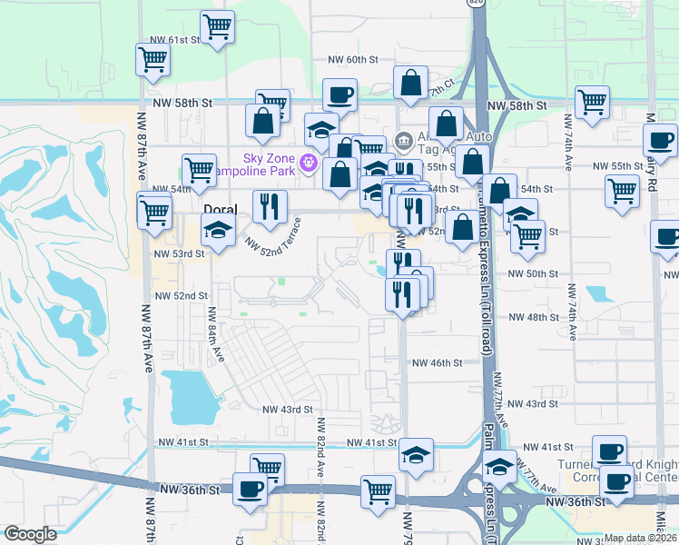 map of restaurants, bars, coffee shops, grocery stores, and more near 5231 Geneva Court in Doral