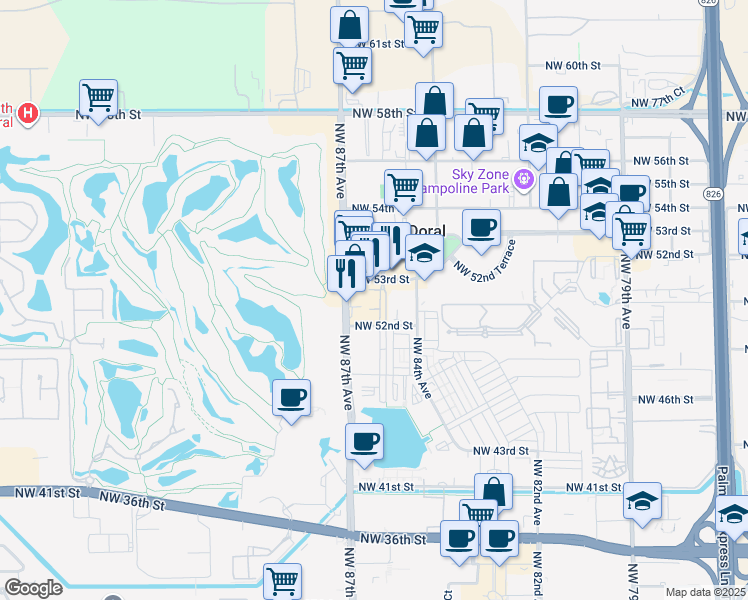 map of restaurants, bars, coffee shops, grocery stores, and more near 5241 Northwest 87th Avenue in Doral