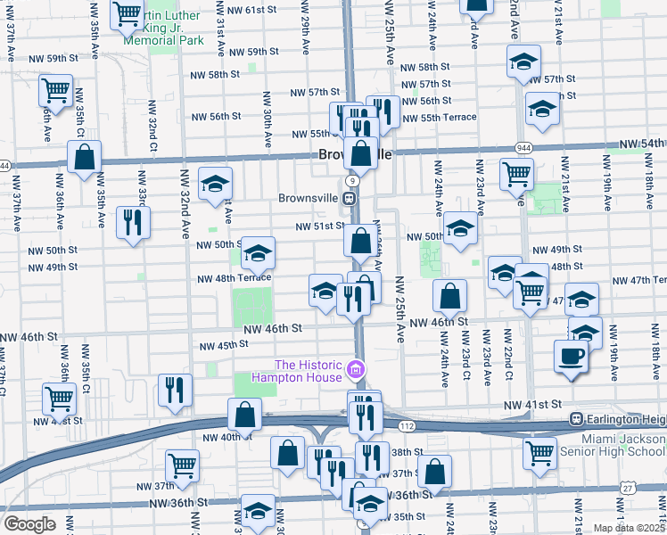 map of restaurants, bars, coffee shops, grocery stores, and more near 4900 Northwest 27th Avenue in Miami