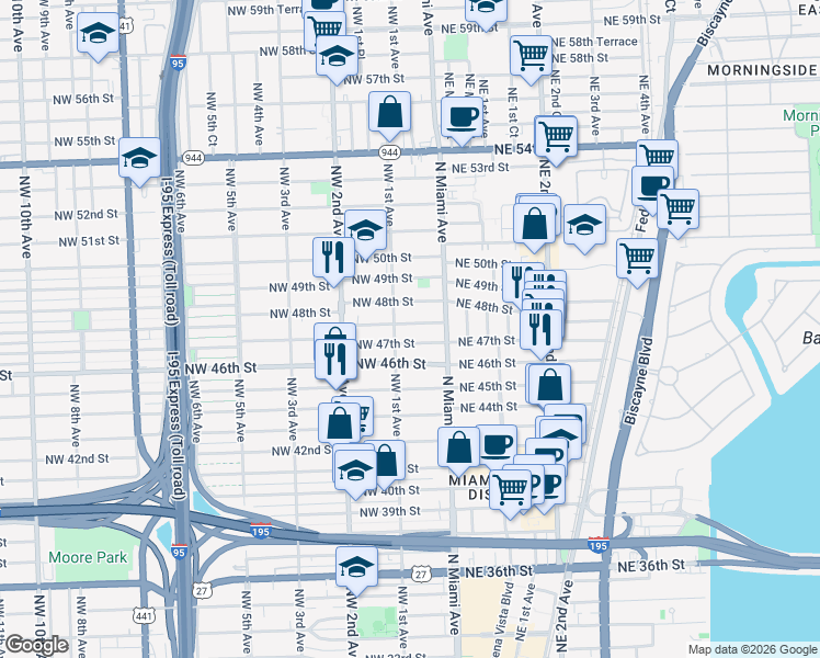 map of restaurants, bars, coffee shops, grocery stores, and more near 97 Northwest 47th Terrace in Miami