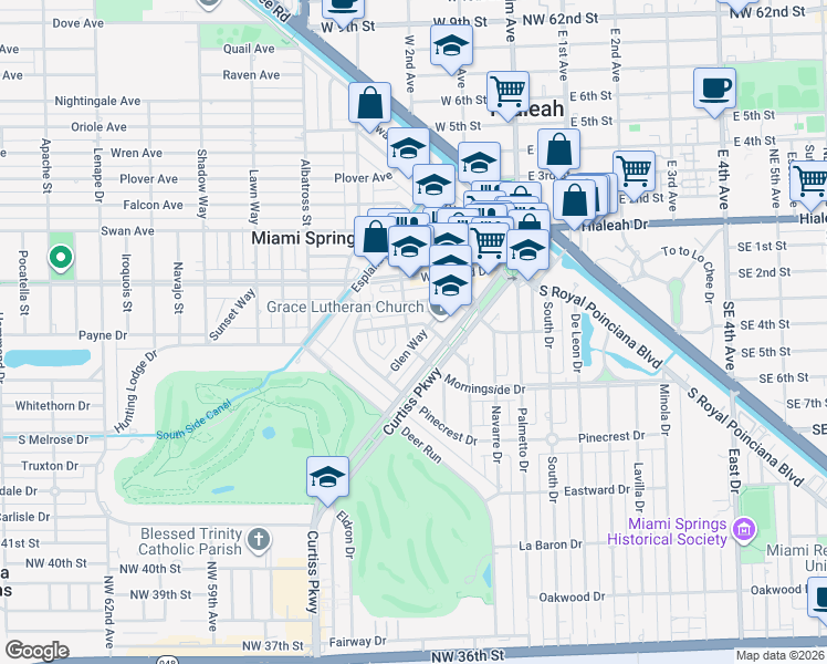 map of restaurants, bars, coffee shops, grocery stores, and more near 309 Azure Way in Miami Springs