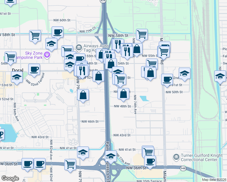 map of restaurants, bars, coffee shops, grocery stores, and more near 5055 NW 77th Ave in Doral