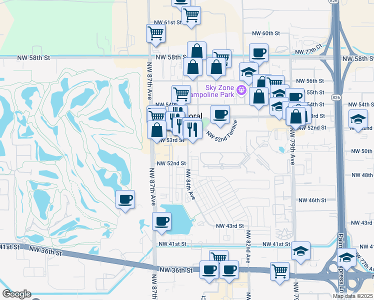 map of restaurants, bars, coffee shops, grocery stores, and more near 8390 Northwest 53rd Street in Miami