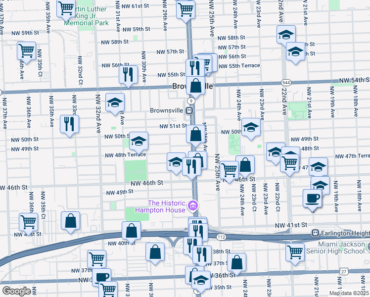map of restaurants, bars, coffee shops, grocery stores, and more near 4900 Northwest 27th Avenue in Miami