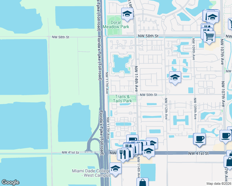 map of restaurants, bars, coffee shops, grocery stores, and more near 5072 Northwest 116th Avenue in Doral