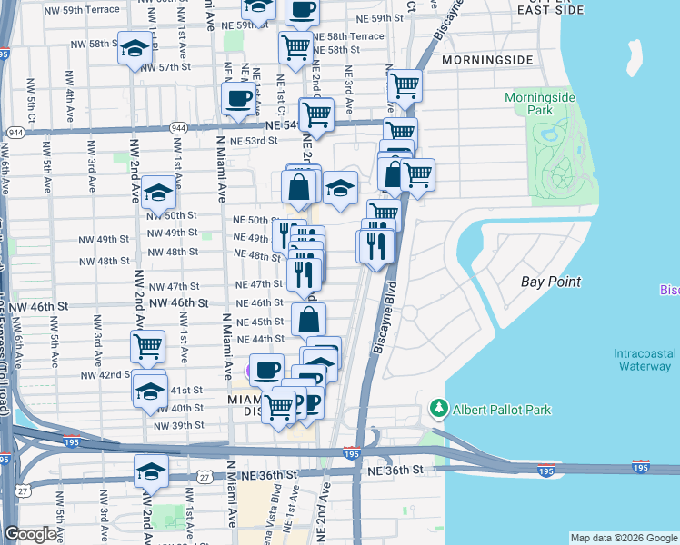 map of restaurants, bars, coffee shops, grocery stores, and more near 265 Northeast 48th Street in Miami