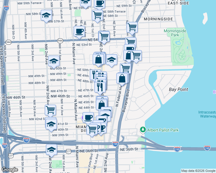 map of restaurants, bars, coffee shops, grocery stores, and more near 201 Northeast 48th Street in Miami