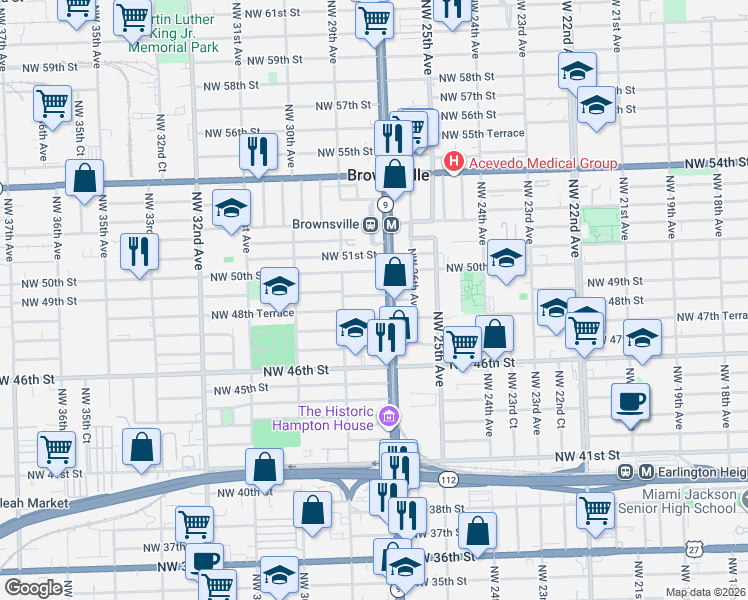 map of restaurants, bars, coffee shops, grocery stores, and more near 4900 Northwest 27th Avenue in Miami