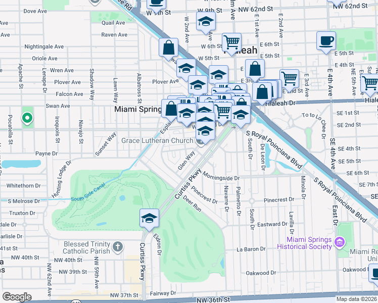 map of restaurants, bars, coffee shops, grocery stores, and more near 309 Azure Way in Miami Springs