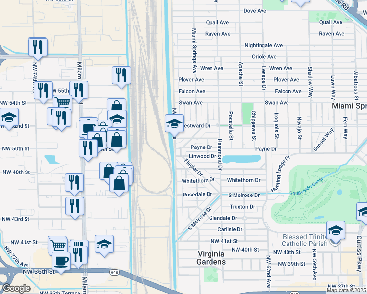 map of restaurants, bars, coffee shops, grocery stores, and more near 148 Bentley Drive in Miami Springs