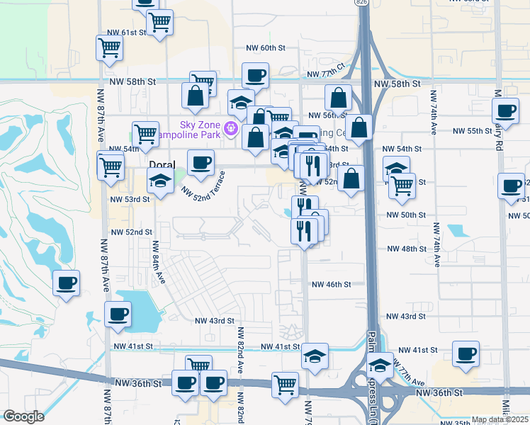 map of restaurants, bars, coffee shops, grocery stores, and more near 5231 Geneva Court in Doral