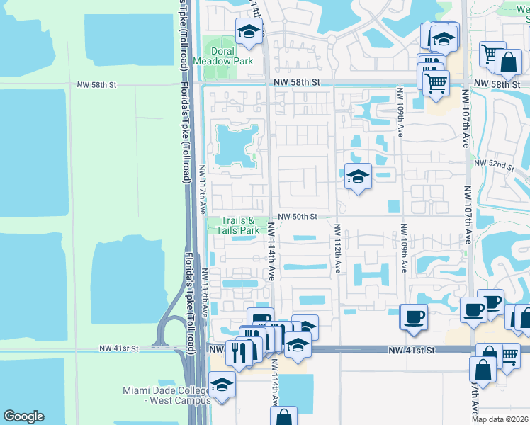 map of restaurants, bars, coffee shops, grocery stores, and more near 5041 Northwest 114th Court in Doral