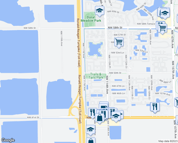 map of restaurants, bars, coffee shops, grocery stores, and more near 5072 Northwest 116th Avenue in Doral