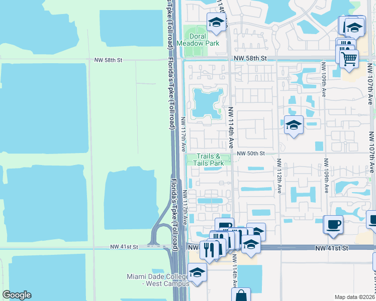 map of restaurants, bars, coffee shops, grocery stores, and more near 5072 Northwest 116th Avenue in Doral