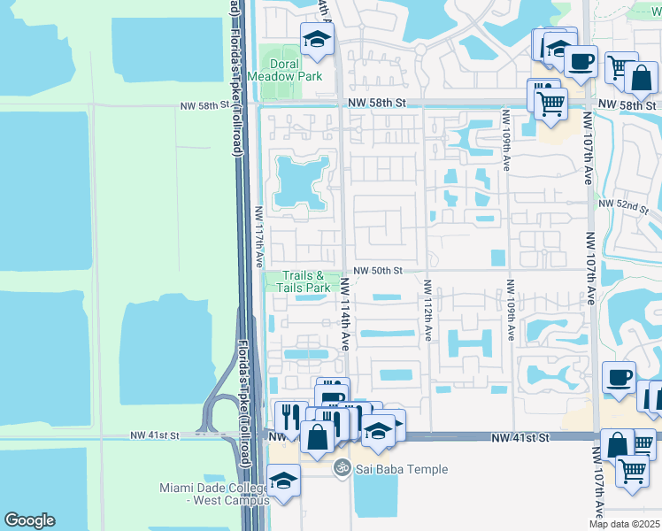 map of restaurants, bars, coffee shops, grocery stores, and more near 11424 Northwest 50th Terrace in Doral