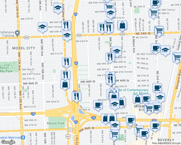 map of restaurants, bars, coffee shops, grocery stores, and more near 4755 Northwest 5 Avenue in Miami