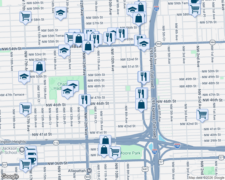 map of restaurants, bars, coffee shops, grocery stores, and more near 1022 Northwest 48th Street in Miami
