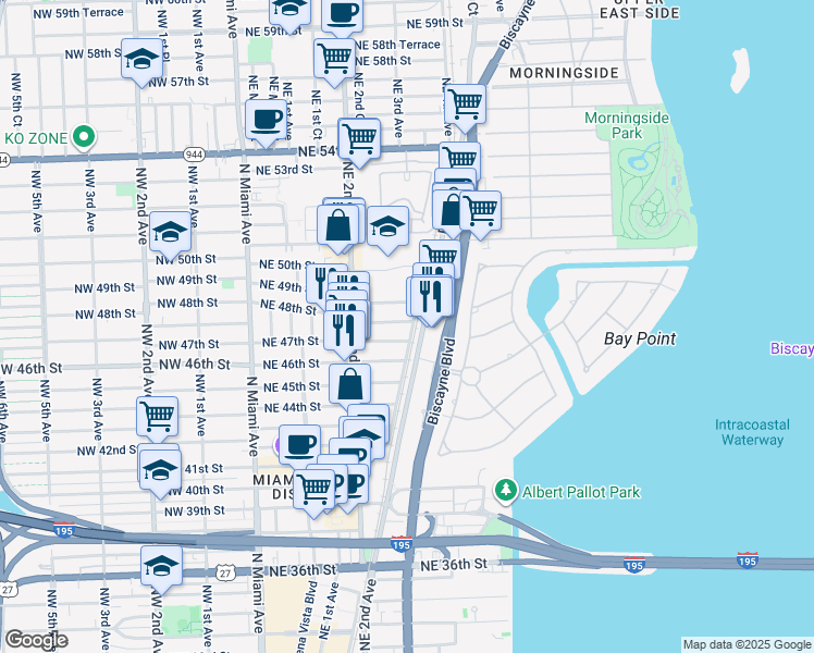 map of restaurants, bars, coffee shops, grocery stores, and more near 265 Northeast 48th Street in Miami