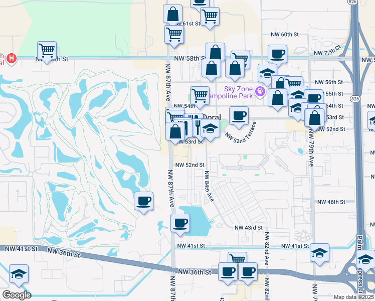 map of restaurants, bars, coffee shops, grocery stores, and more near 8450 Northwest 53rd Street in Doral