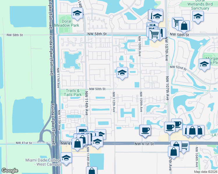 map of restaurants, bars, coffee shops, grocery stores, and more near 11218 Northwest 50th Terrace in Doral