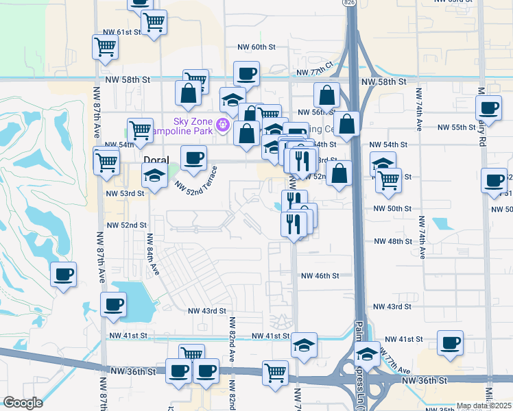 map of restaurants, bars, coffee shops, grocery stores, and more near 5231 Geneva Court in Doral