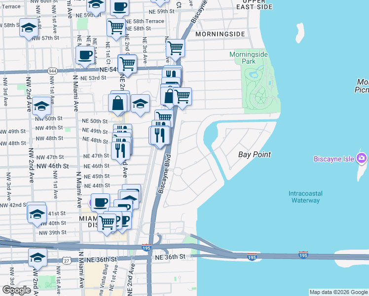 map of restaurants, bars, coffee shops, grocery stores, and more near 4725 Bay Point Road in Miami