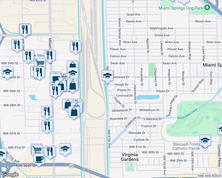 map of restaurants, bars, coffee shops, grocery stores, and more near 699 Ludlam Drive in Miami Springs