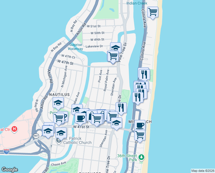 map of restaurants, bars, coffee shops, grocery stores, and more near 4511 Royal Palm Avenue in Miami Beach