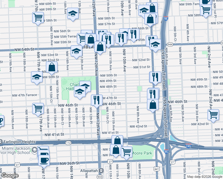 map of restaurants, bars, coffee shops, grocery stores, and more near 1098 Northwest 48th Street in Miami