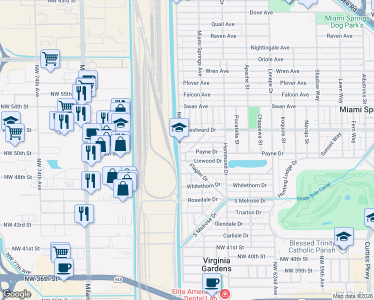map of restaurants, bars, coffee shops, grocery stores, and more near 699 Ludlam Drive in Miami Springs