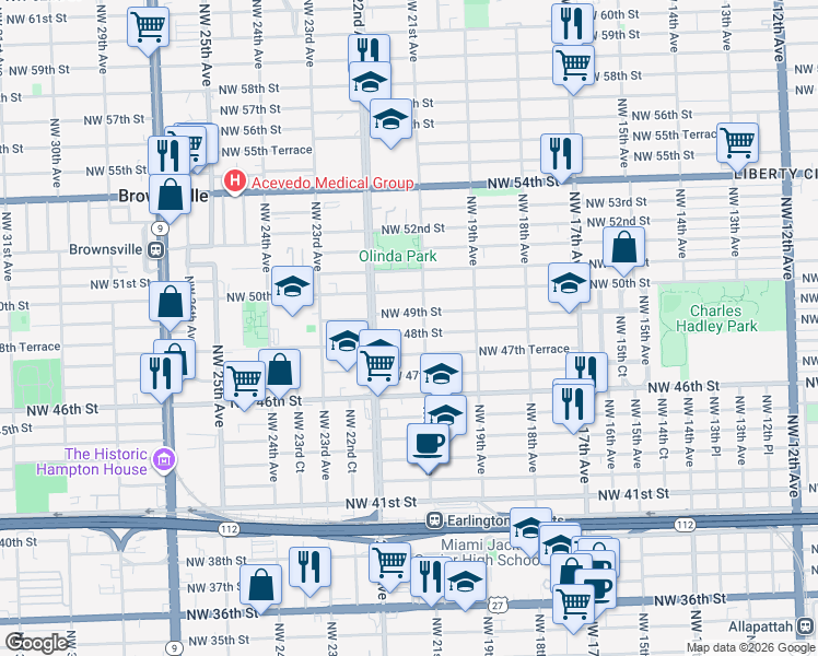 map of restaurants, bars, coffee shops, grocery stores, and more near in Brownsville
