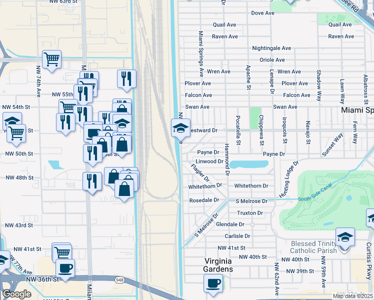 map of restaurants, bars, coffee shops, grocery stores, and more near 699 Ludlam Drive in Miami Springs