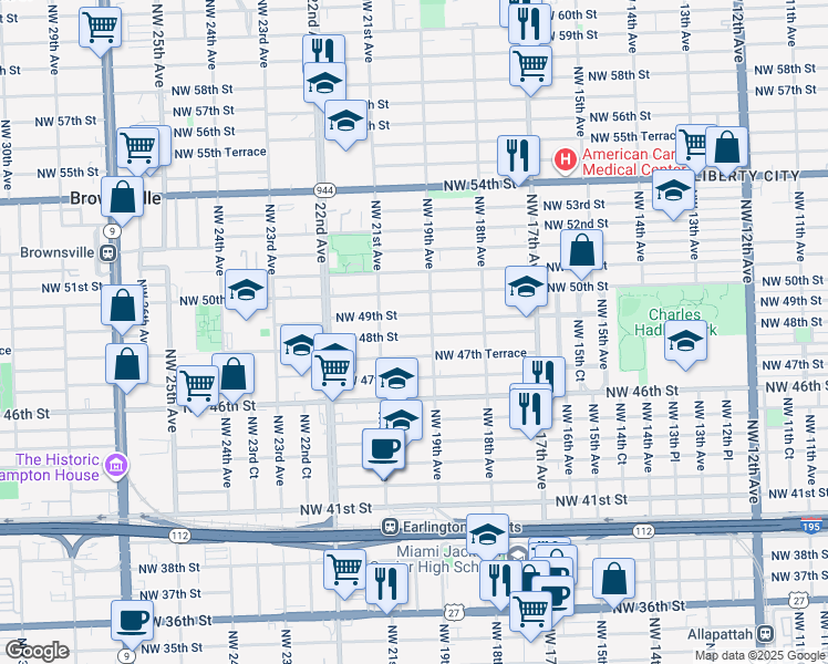 map of restaurants, bars, coffee shops, grocery stores, and more near 1931 Northwest 48th Street in Miami