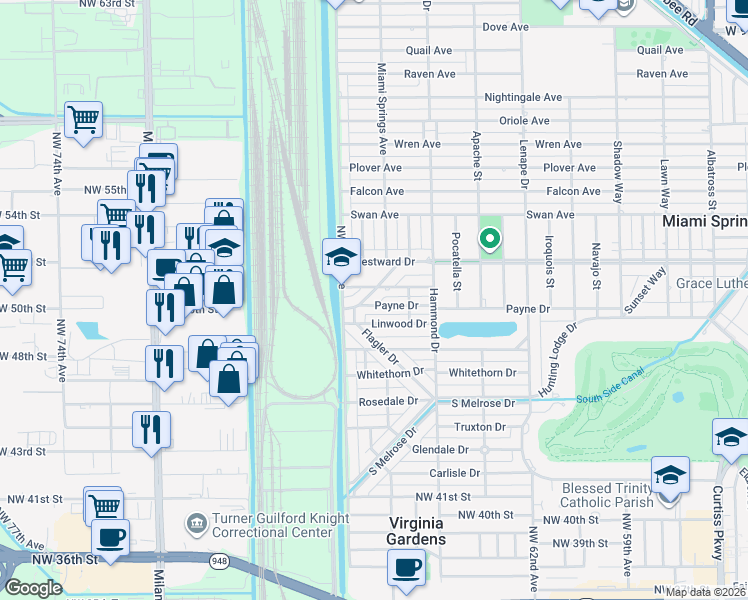 map of restaurants, bars, coffee shops, grocery stores, and more near 148 Bentley Drive in Miami Springs