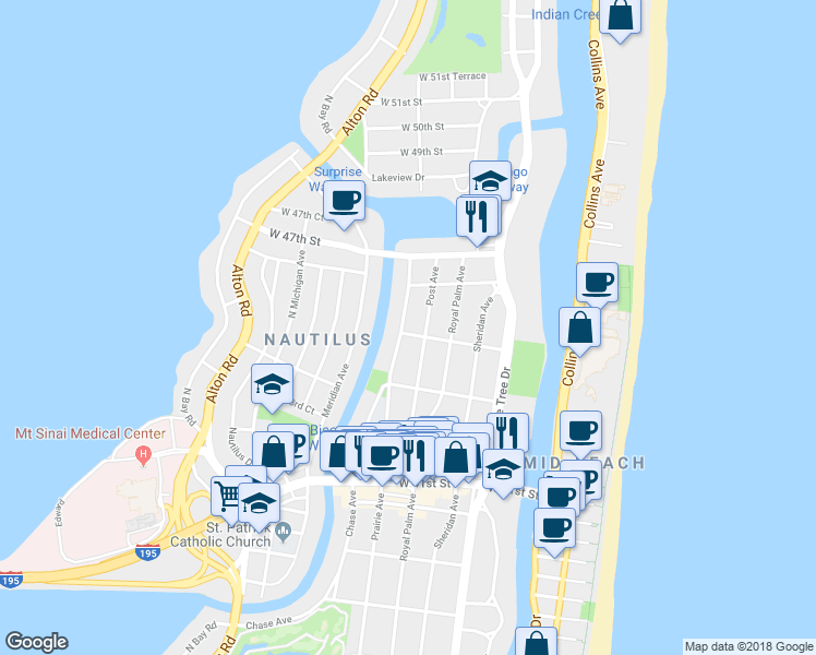 map of restaurants, bars, coffee shops, grocery stores, and more near 4510 Prairie Avenue in Miami Beach