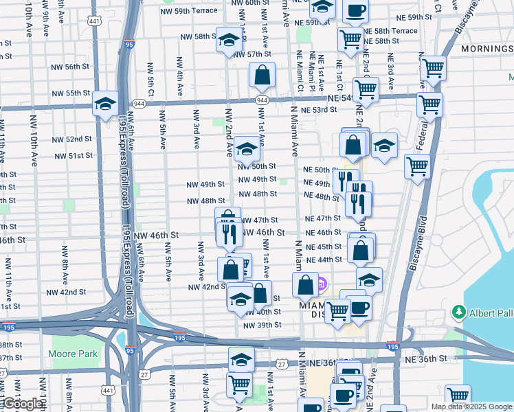 map of restaurants, bars, coffee shops, grocery stores, and more near 97 Northwest 47th Terrace in Miami