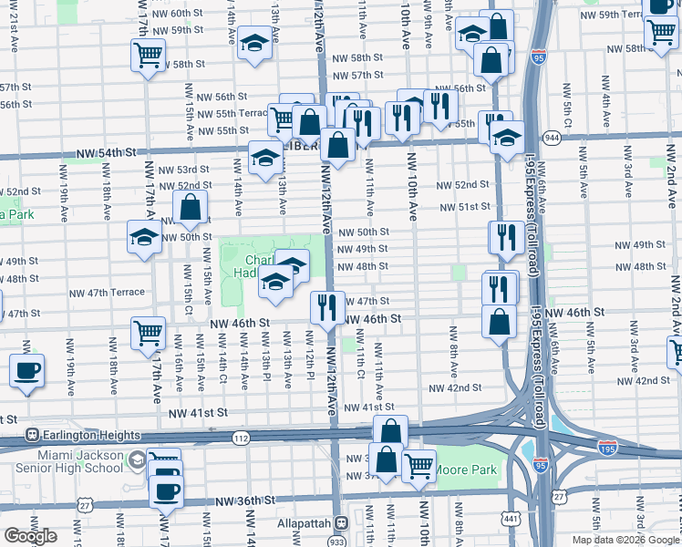 map of restaurants, bars, coffee shops, grocery stores, and more near 1176 Northwest 48th Street in Miami