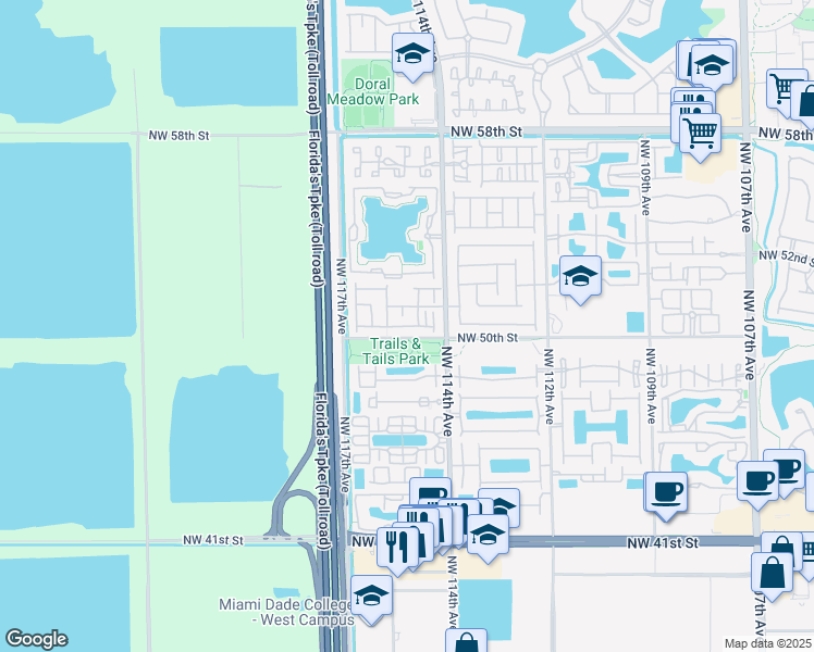 map of restaurants, bars, coffee shops, grocery stores, and more near 11479 Northwest 50th Terrace in Doral