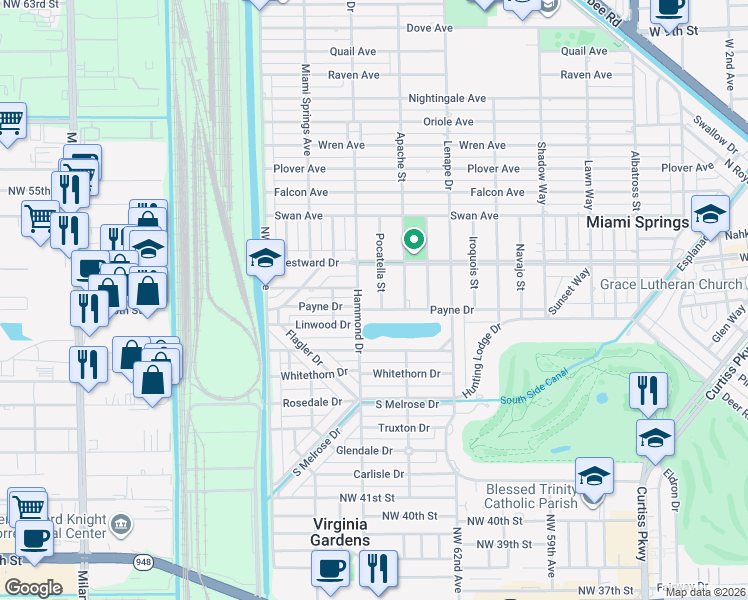 map of restaurants, bars, coffee shops, grocery stores, and more near 130 Pocatella Street in Miami Springs