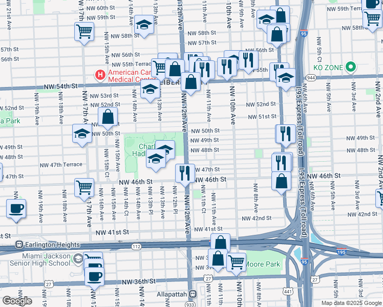 map of restaurants, bars, coffee shops, grocery stores, and more near 1176 Northwest 48th Street in Miami
