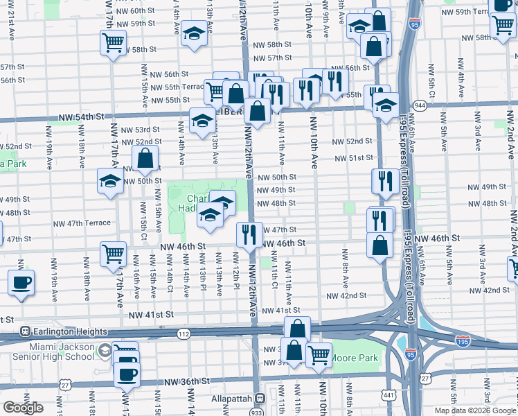 map of restaurants, bars, coffee shops, grocery stores, and more near 1176 Northwest 48th Street in Miami